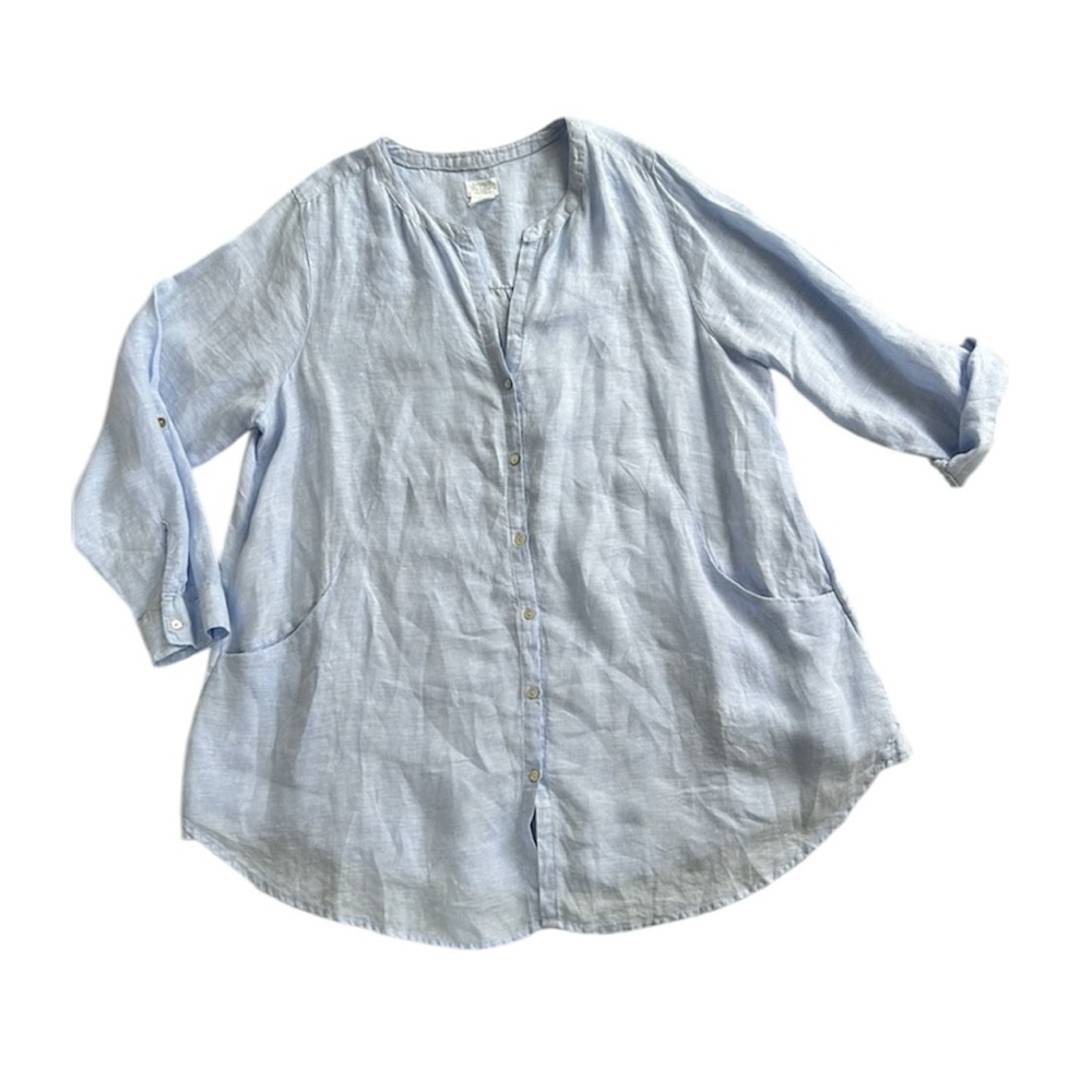 Vintage Sigrid Olsen Tunic Pale Blue Linen Button Down Lagenlook Pockets 1X
